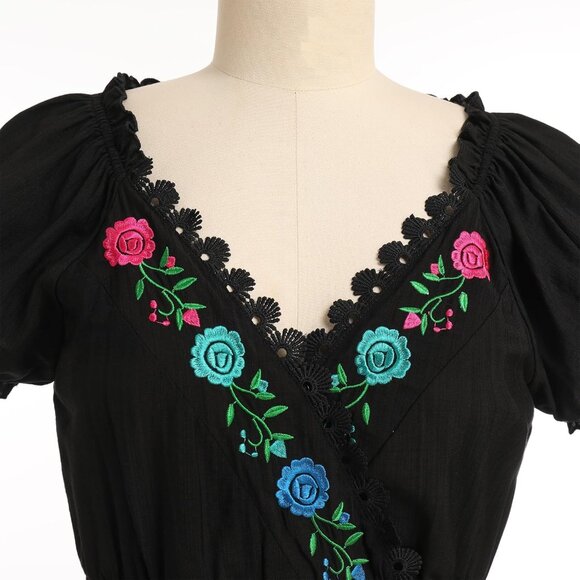 Women Mexican Dress Floral Embroidered Fiesta Party Summer V-Neck Short - Picture 3 of 5